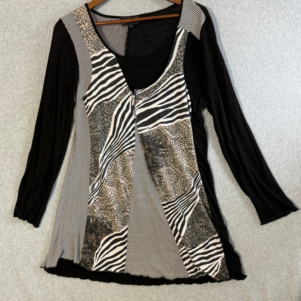Vandana Mixed Media Tunic Top Large Black Zebra Animal Stripe Print Long Sleeve